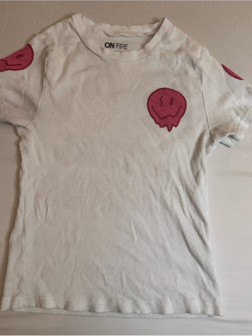 On Fire White Short-Sleeve Tee with Pink Drip Smile Patches
